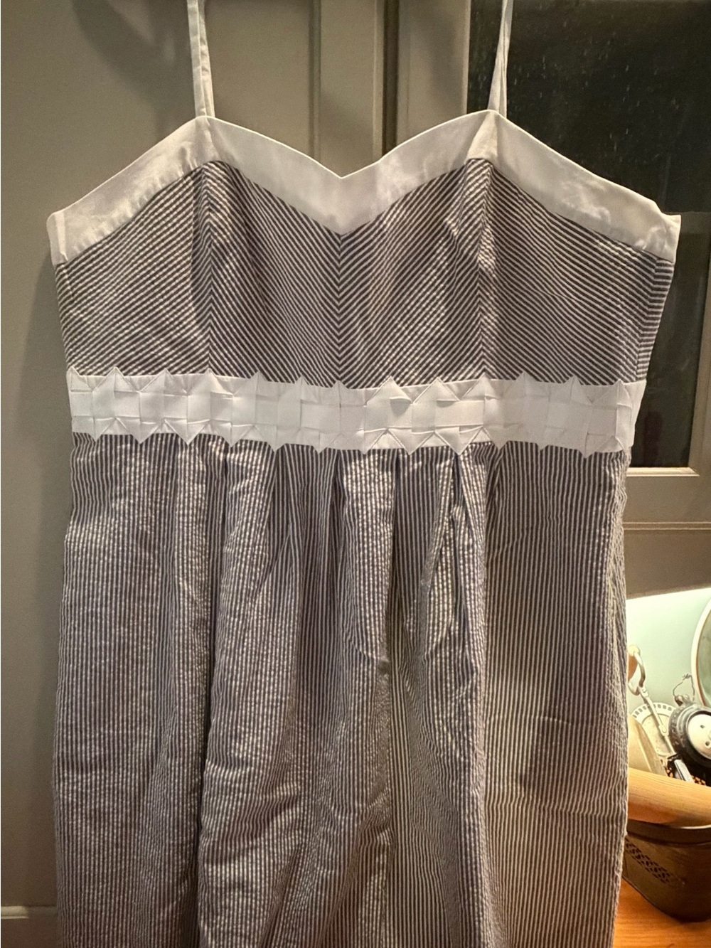 madison leigh Grey and White Seersucker Striped Spaghetti Strap Dress
